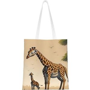Donkere medium canvas draagtas voor dames, herbruikbare schoudertas, een mooi milieuvriendelijk cadeau voor meisjes, leraren, moeders., Moeder en Kind Giraffe, Eén maat