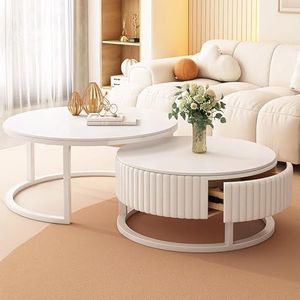 Moderne Salontafel Ronde Salontafel 50+70cm Nesting Tafels Set Van 2 Witte Center Tafels Voor Woonkamer Marmeren Theetafels Met Laden Bijzettafel Met Metalen Poten Voor Slaapkamer Kantoor