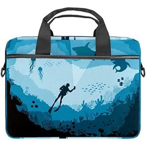 Blauwe Haaien Onderwater Laptop Schouder Messenger Bag Crossbody Aktetas Messenger Sleeve voor 13 13.3 14.5 Inch Laptop Tablet Beschermen Tote Tas Case, Meerkleurig, 11x14.5x1.2in /28x36.8x3 cm