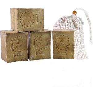 TUMELO Originele Aleppo Zeep 4 x 200g (800g) 95% Olijfolie 5% Laurierolie + Zeepzakje - Handgemaakte olijfoliezeep - Natuurlijke zeep - Vaste haarzeep/Douchzeep