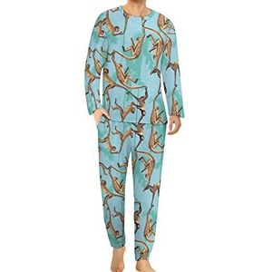 Aap in de jungle palmbomen comfortabele heren pyjama set ronde hals lange mouwen loungewear met zakken XL