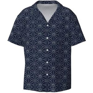 YQxwJL Etnische Geometrische Patroon Print Mens Casual Button Down Shirts Korte Mouw Rimpel Gratis Zomer Jurk Shirt met Zak, Gestippelde lijnen geometrische vormen op blauwe schaduw achtergrond, XXL