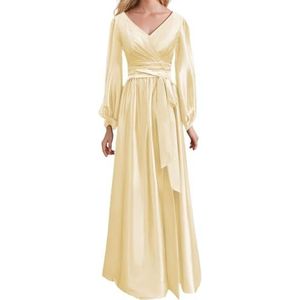 Prinses Bruidsmeisje Jurken Lange Mouw Galajurken V-hals Satijn Formele Avondfeest Maxi Jurk ZM200, Champagne, 32