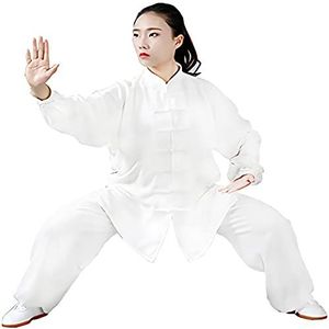 Qigong Kleding, Katoen Linnentai Chi Pak Taichi Quan Lantaarn Broek Tai Chi Quan Kleding Oefenkleding Pak, Losse Chinese Stijl Yoga Zen Dans Kleding Pak (Bring a Fan) Wit-XL