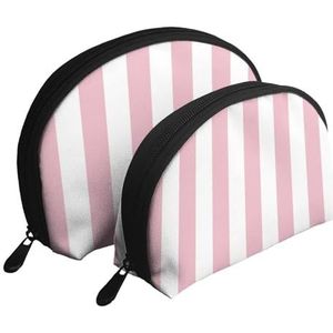 Make-uptas, cosmetische reistas, 2 stuks, draagbare clutch pouch-set, etui, organizer, strepen, parallelle lijnen, roze en wit, zoals afgebeeld, Eén maat