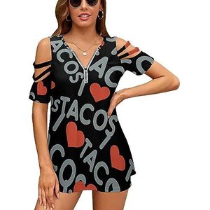 I Love Tacos Hart Koude Schouder Tops voor Vrouwen Casual Korte Mouw T-shirt V-hals Tees Blouse S