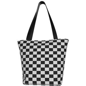 BeNtli Schoudertas, canvas draagtas grote tas vrouwen casual handtas herbruikbare boodschappentassen, zwart-wit geruit, zoals afgebeeld, Eén maat