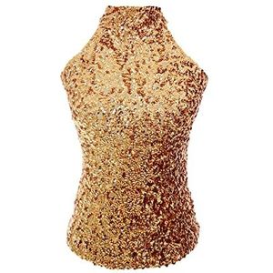Vrouwen sprankelende pailletten hoge halter nek mouw vest top meisjes latin dance party size kleding (UK Vrouwen 4/6/8/10) (Goud), Goud, S