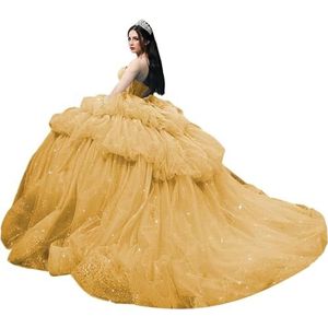 Fuomomo Strapless partyjurk in lagen, pof-tule feestjurken, Quinceanera-jurken met hartvormige hals en strass, MT036, Goud, 30 NL