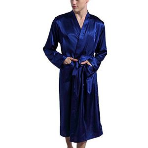 Asskyus Lichte satijnen slaap-kimono-jurk voor mannen, badjas voor mannen, lange stijl, donkerblauw, XXL