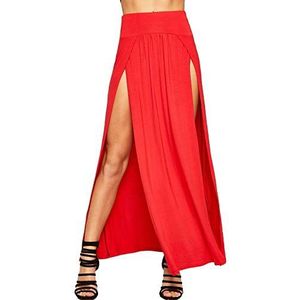 Hamishkane Nieuwe dames effen dubbele split hoge taille zijsplit basic zomer lange maxi-rok, Rood, 42/44/Grote Maten