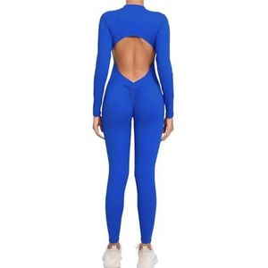 ROEUIPG Yogapak voor dames, sportkleding, ritssluiting, lange mouwen, open rug, fitnesspak, strak, gymnastiektuinbroek, sportbody (donkerblauw, M)