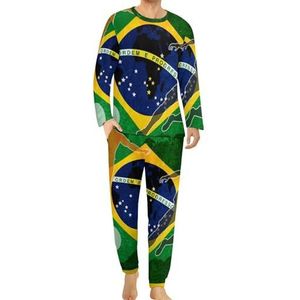 Voetbal Braziliaanse vlag comfortabele heren pyjama set ronde hals lange mouwen loungewear met zakken S