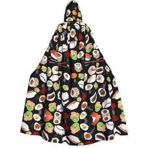 FRGMNT Japanse sushi-mantel met zwarte print voor dames, carnavalskape, voor volwassenen, met capuchon, cape voor Halloween, cosplay kostuums