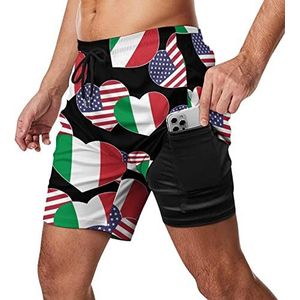 USA Italiaanse vlag heren zwembroek sneldrogend 2 in 1 strand sport shorts met compressie voering en zak