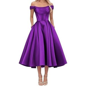 AHERKLL Thee Lengte Bruidsmeisjes Jurken voor Junioren Off Shoulder Satijn Avond Cocktail Party Maxi Jurk met Zak HAH050, Paars, 32