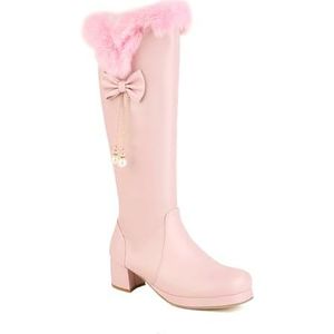 Hoge Studentenlaarzen Met Pluche Revers Zoete Laarzen Met Lange Schacht Strikjes + Parel Elegante Winterlaarzen Met Blokhak Warme Pluche Gevoerde Snowboots PU-leer Feestschoenen for Dames (Color : Pi