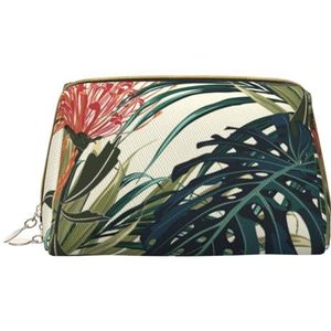 Grote make-up tas, lederen cosmetische tas reizen toiletartikelen organizer tas make-up tas, exotische palmbladeren jungle blad tropische bloemen roze groen, zoals afgebeeld, Eén maat