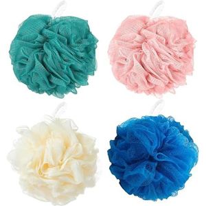 Xuxuejing Loofah Badballen Badspons Tennisballen voor Vrouwen Mannen Baden, 4 Kleuren Zachte Pluizige Body Scrubs Loofah Puff Packs Exfolieren, Reinigen, Kalmeren Huid.