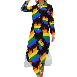 LGBT Canada Pride Maxi-jurk voor dames, lange mouwen, knoopsluiting, casual, feest, lange jurk, L