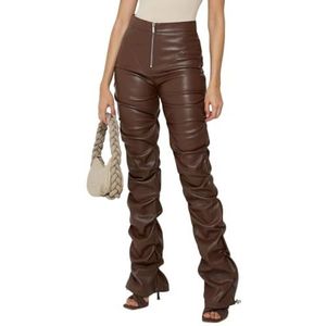 KWISUAWHGA Dames PU Leren Broek Hoge Taille Rechte Pijpen Gerimpelde Sexy Leggings Y2k Stretchy Rits Trendy Kunstleren Broek,Bruin,L