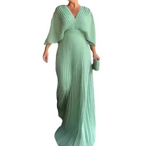 Gyios dress Summer Pleated Dresses Women V-neck Spring Maxi Party Prom Maxi Dress High Waist Casual Streetwear Elegant Vestidos-light Green-l