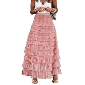 Lewey Elegante effen kleur hoog getailleerde tule taartrok | Puffy A-lijn maxi rok, roze, M