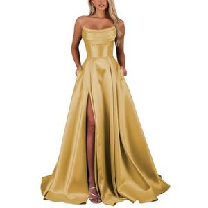 KIYNE Strapless satijnen baljurk voor dames, met splitzakken, A-lijn, baljurk lang, formele avondjurk, Goud, 46 grote maten