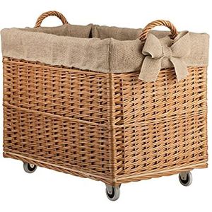 e-wicker24 Alles aus Weide Opbergkist van gevlochten wilgentenen, natuurlijke kleuren, rechthoekige wasmand van wilgentenen, met wielen en voering van grijze jute stof
