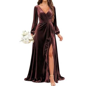 KURFACE Bruidsmeisjesjurken met V-hals, lange mouwen, met split en ruches, mouwloos, formele feestjurk, Bordeaux, 32