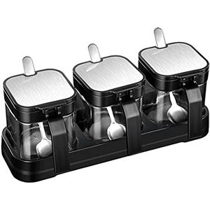 3 Pack Kruiderij Container, Glas Kruidendoos met Deksel Lepel en Lade voor Zout Sugar Peper, Ruimtebesparend
