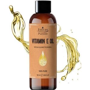 Essican Purelife Vitamine E-olie voor de huid, haar en gezicht, 100 ml, rijk aan antioxidanten, vitamine E, vitamines voor het haar, draagoliën voor het mengen van etherische oliën, vitamine E-olie