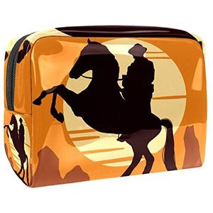 Draagbare make-up tas met rits reizen toilettas voor vrouwen handige opslag cosmetische zakje Silhouette Cowboy rijden zonsondergang