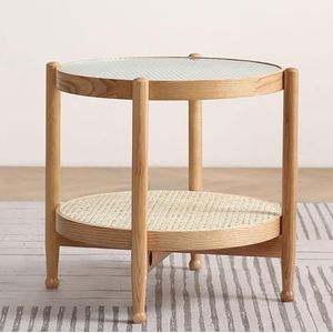 JAVYPPT Eenvoudige ronde houten salontafel, geweven rotan geweven, moderne bijzettafel op tafel, eenvoudige montage met plank, glazen aanrecht voor woonkamer (A,70x70x45cm (28x28x18inch))