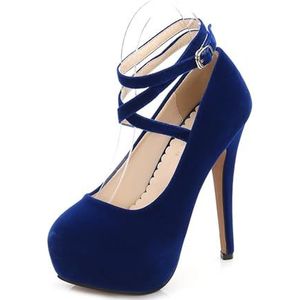 FamMe Womens Suede Pumps Cross Enkelbandjes Platform Stiletto Hoge Hakken Ronde Gesloten Teen 5.5 inch Hakken voor Jurk Bruiloft Feest, Blauw, 38 EU