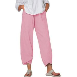 HHuiXinXue Linnen broek dames 7/8 wijde pijpen zomerbroek vrouwen licht elegante losse casual broek voor strandvakantie dagelijks, roze, S