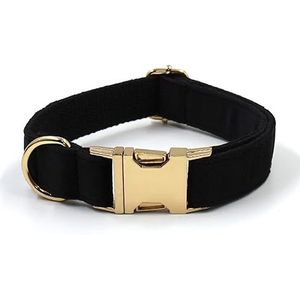 Zwart fluwelen hondentuigje, gepersonaliseerde duurzame halsband met goudkleurige metalen gespen, halsband en riem (kleur: kraag gouden gesp, maat: S hals 31-41 cm)