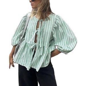 Bienwwow Vrouwen Y2k Lace Up Blouse Pofmouw Peplum Shirts Tie Voorkant Ruche Zoom Losse Blouse Dressy Casual Babydoll Tops, A77 Groen Gestreept, XL