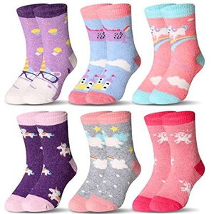 Eocom Wollen kindersokken voor jongens en meisjes, warm, wandelen, thermisch, winter, gezellig, zacht, dik, kleine kinderen, crew bootsokken, 6 paar, Eenhoorn C, 8-12 Jaar
