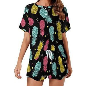 Zomer Kleurrijke Tropische Ananas Zachte Womens Pyjama Korte Mouw Pyjama Loungewear met Zakken Gift voor Thuis Strand M
