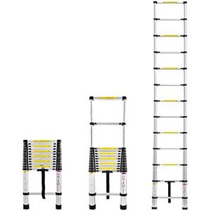 Froadp 380cm Aluminium Telescopische Ladders Multifunctionele Leunladder Telescoopladder met 13 Trappen Scheve Ladder Gevouwen Hoogte 87cm Antislip Uitbreidbaar Ladder Laadvermogen 150KG (Zilver)