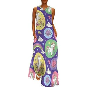 Magisch patroon met eenhoorn dames enkellange jurk slanke pasvorm mouwloze maxi-jurk casual zonnejurk S