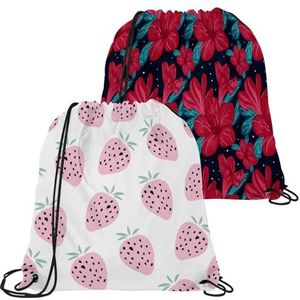 VAPOKF 2 STKS Trekkoord Tassen, PE Gym Bag, Grote String Zwem Trainer Tas Gepersonaliseerde Trekkoord Tas voor School Gym Sport Reizen, Roze Zomer Fruit Aardbei, Meerkleurig, 21.2x17.3in/54x44cm