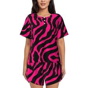 Zebra Tijger Luipaard Roze Print Dames Zomer Zachte Tweedelige Bijpassende Outfits Korte Mouw Pyjama Lounge Pyjama Sets, Zwart, 4XL