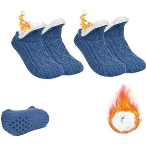 2 paar antislip thermische sokken for binnen, pantoffelsokken for dames, met fleece gevoerde antislip thermische pantoffelsokken, pluizige pantoffelsokken met V-mond (Color : Dark Blue, Size : S)