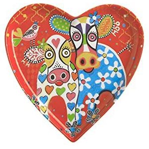 Maxwell & Williams Love Hearts Hartvormig Ontbijtbord met Vrolijke Koeienmotief, Porseleinen Gebaksbordje in Geschenkverpakking, Rood, 15,5 Centimeter