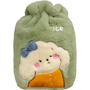 Warmwaterkruik met deksel, 1200 ml warmwaterzak voor warm en koud kompres, handvoetwarmer voor de winter, mooie hond-groen