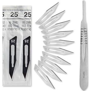 Set - 10 stuks scalpelmessen figuur 25 van koolstofstaal - reservemesjes afzonderlijk steriel verpakt + 1 x Shehadeh - scalpelhouder - roestvrij staal