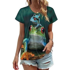 Rood-Eyed Tree Frog Dames V-hals T-shirts Leuke Grafische Korte Mouw Casual Tee Tops L