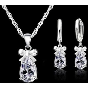 Nieuwe Gift Set echte 925 Sterling Zilver kleur met witte steen Cubic Zirconia bengelen Earring hanger ketting vrouw sieraden Set-default